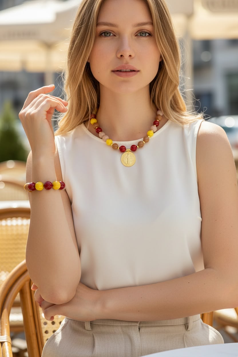Collar de cuentas con medalla de San Benito y medalla calada de la Virgen.