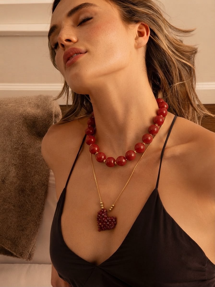 Collar de dos piezas con collar chunky y dije de corazón tejido con diseño artesanal y detalles brillantes.
