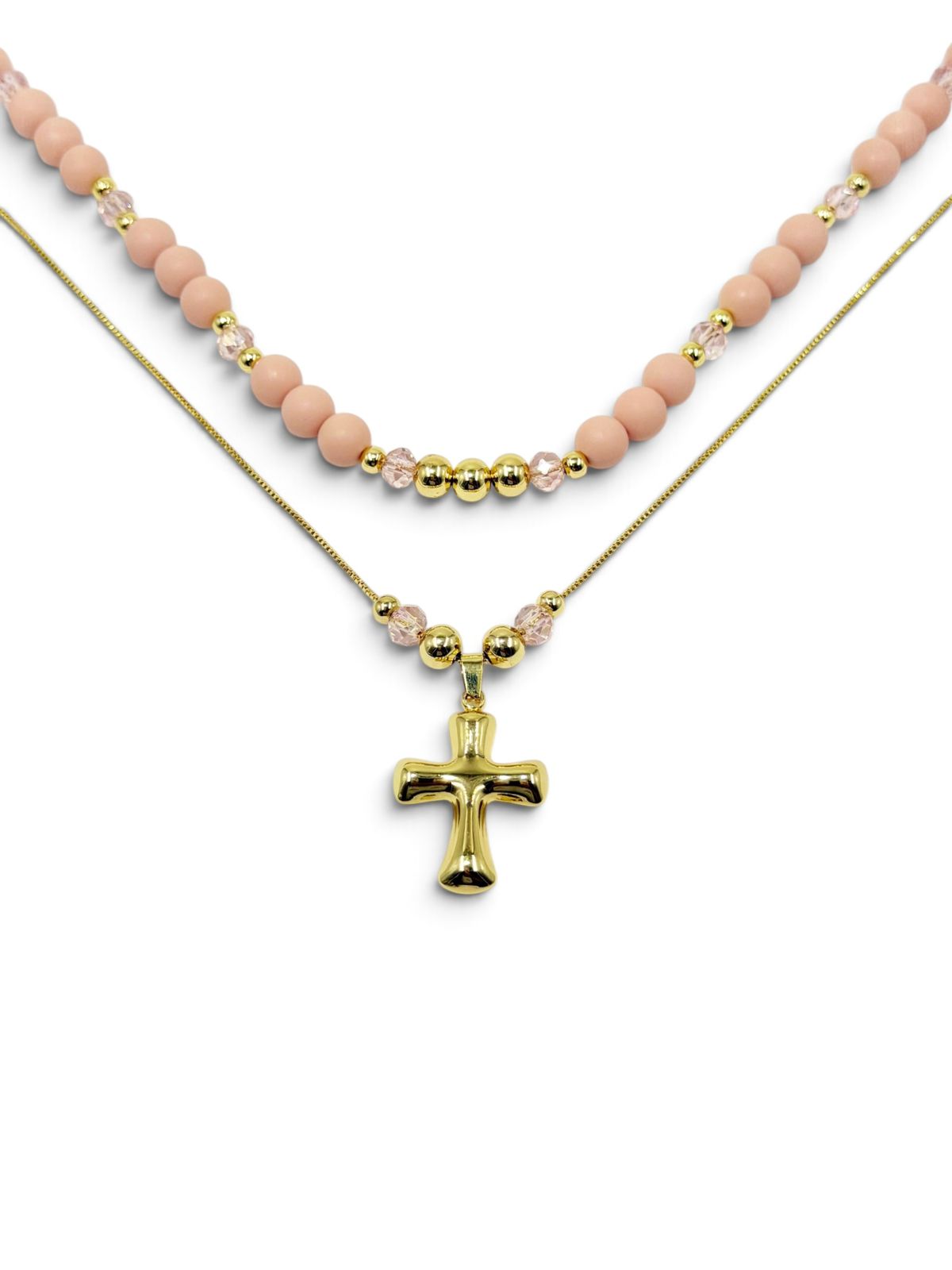 Collar Cruz Brillo Dúos con dos cadenas y dije de cruz decorativo