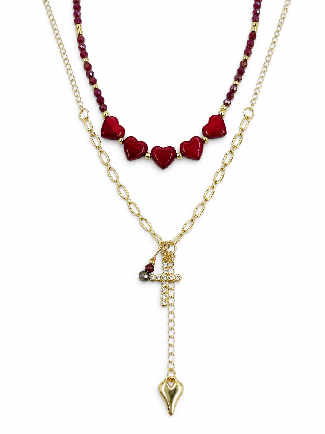 Collar Cruz de Amor Sagrado con corazones, cruz y dije decorativo