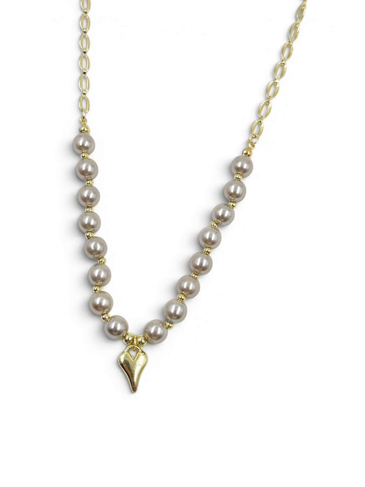 Collar Pearl Infinity Love con pequeñas pepas decorativas, separadores y dije de corazón para mujer.