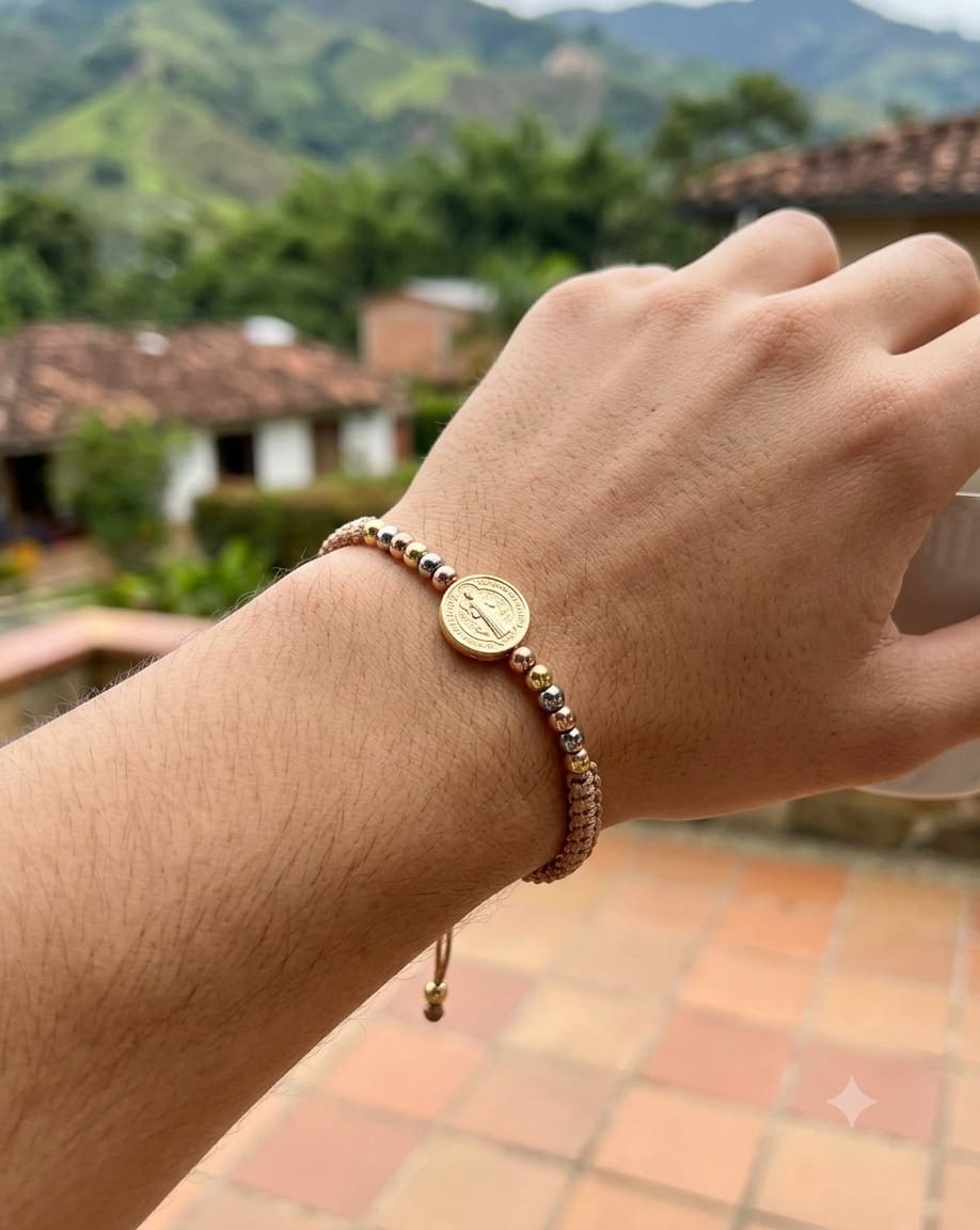 Pulsera artesanal con dije de San Benito, de diseño delicado y elegante.