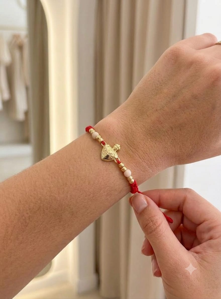 Pulsera artesanal con dije de corazón en relieve, de diseño delicado y elegante.