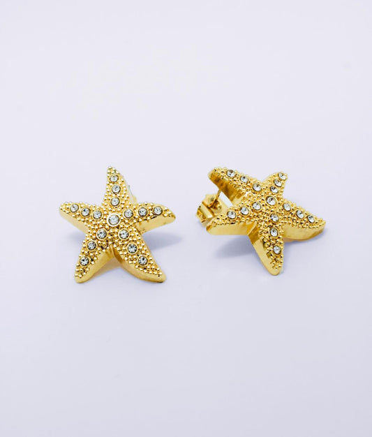 Areta Estrella Brillo de 1.5 cm con diseño de estrella en rodio y piedras cristal.