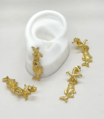 Areta pez estrellado dorada para mujer con diseño marino de pez y estrella de mar.