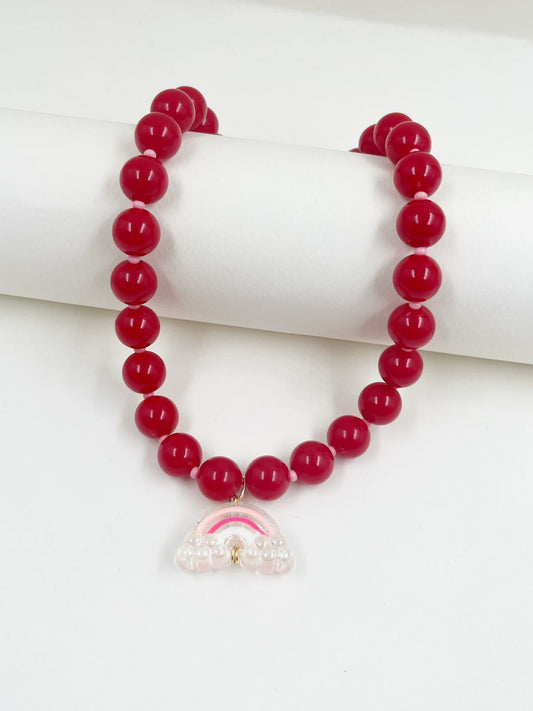 Collar juvenil estilo Y2K con esferas de cristal esmaltado, separadores chaquira checa y dije arcoíris – Largo 36+5 cm