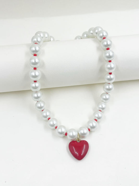 Collar juvenil estilo Y2K con esferas de cristal esmaltado, separadores chaquira checa y dije corazón inflado lacado – Largo 36+5 c