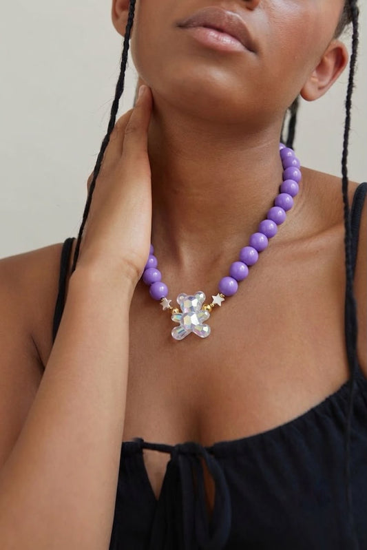Collar Chunky Osito con diseño de cuentas y dije decorativo de osito, accesorio moderno y ajustable para mujer.