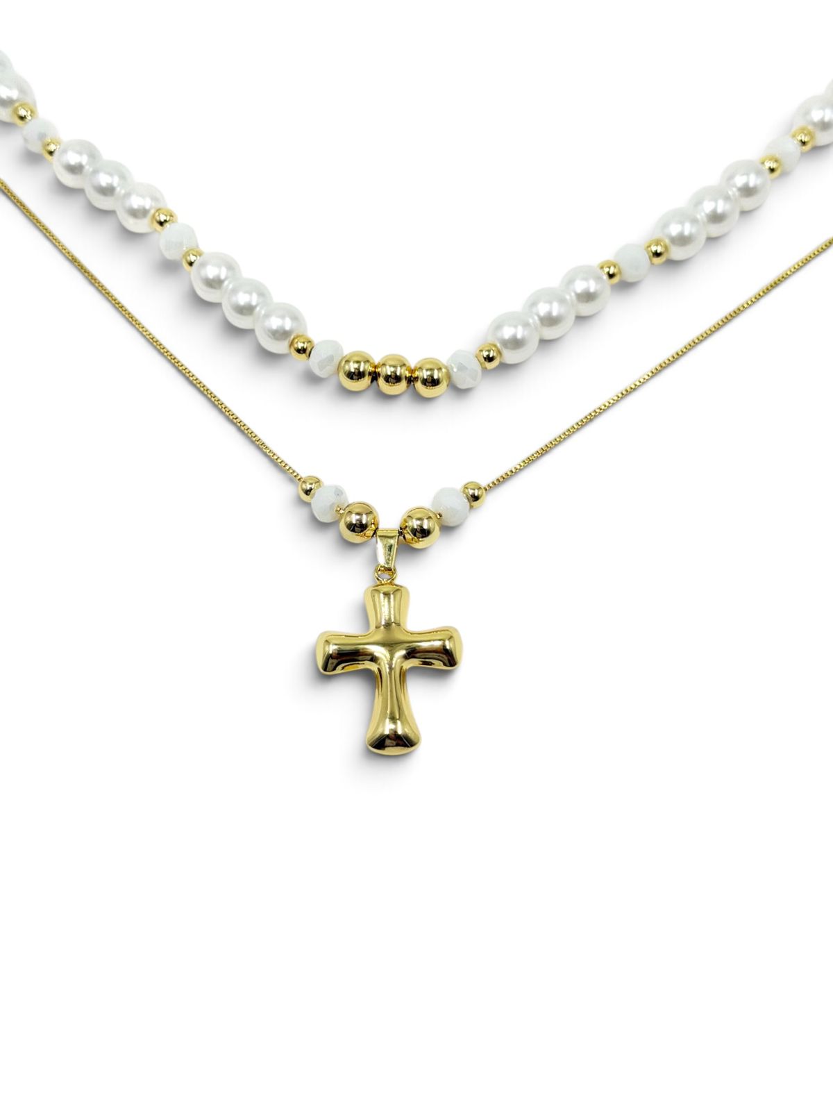 Collar Cruz Brillo Dúos con dos cadenas y dije de cruz decorativo