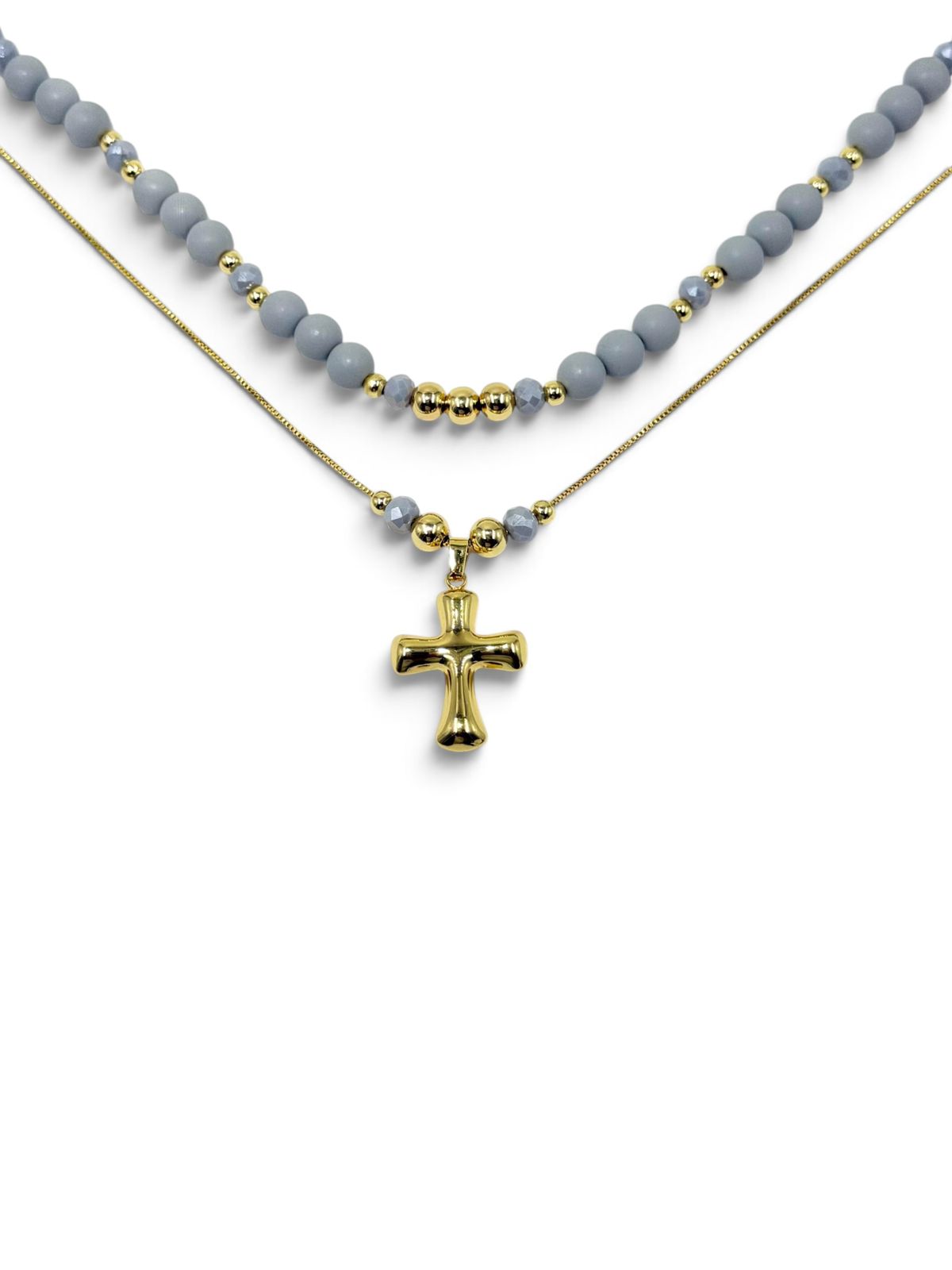 Collar Cruz Brillo Dúos con dos cadenas y dije de cruz decorativo