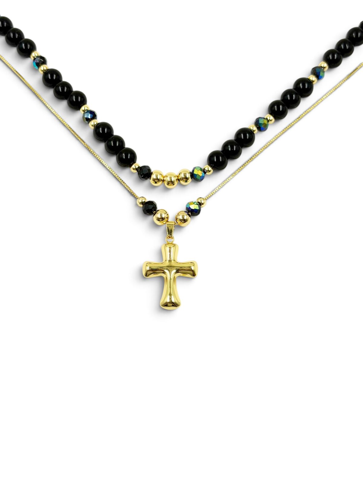 Collar Cruz Brillo Dúos con dos cadenas y dije de cruz decorativo