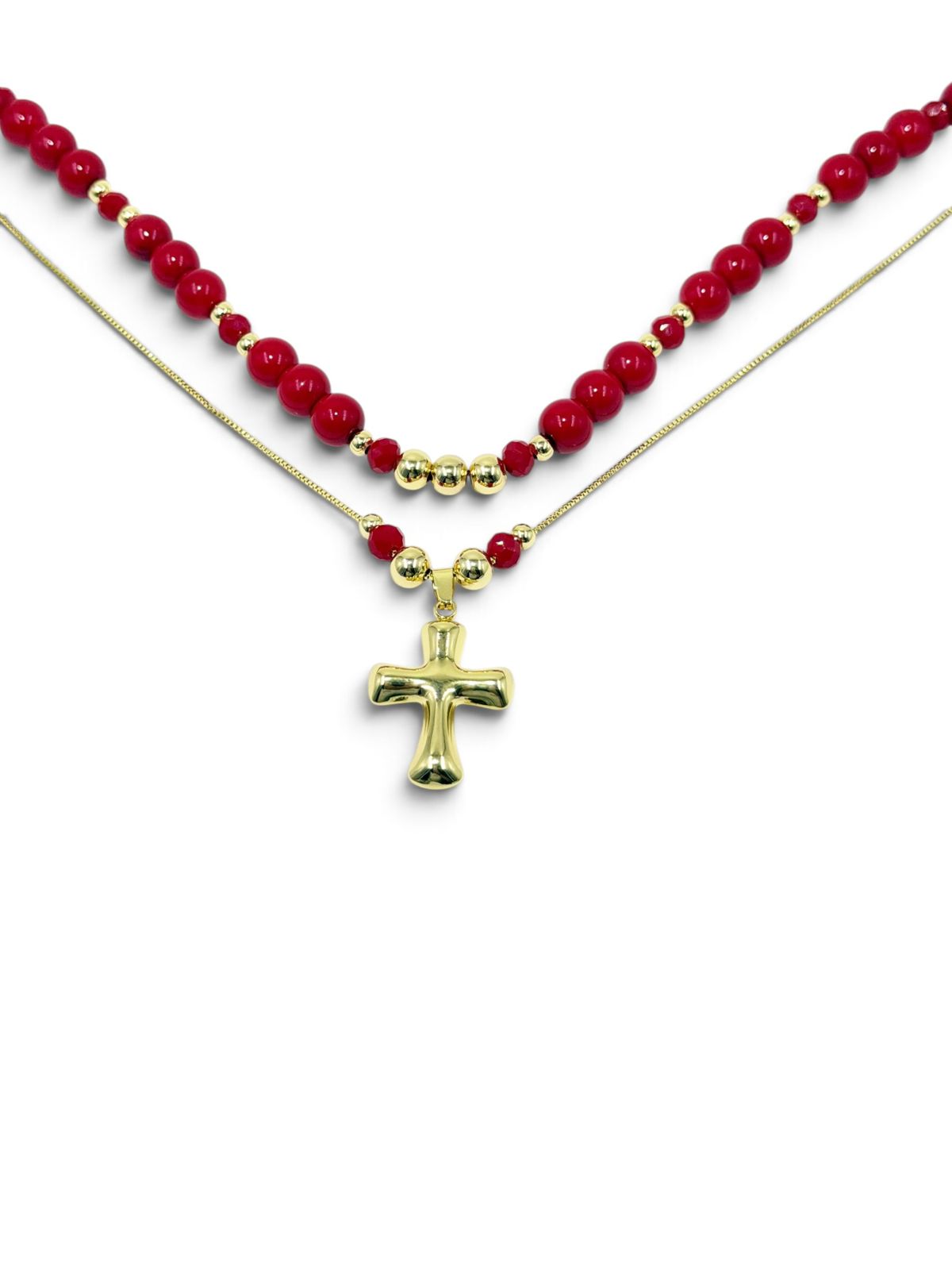 Collar Cruz Brillo Dúos con dos cadenas y dije de cruz decorativo