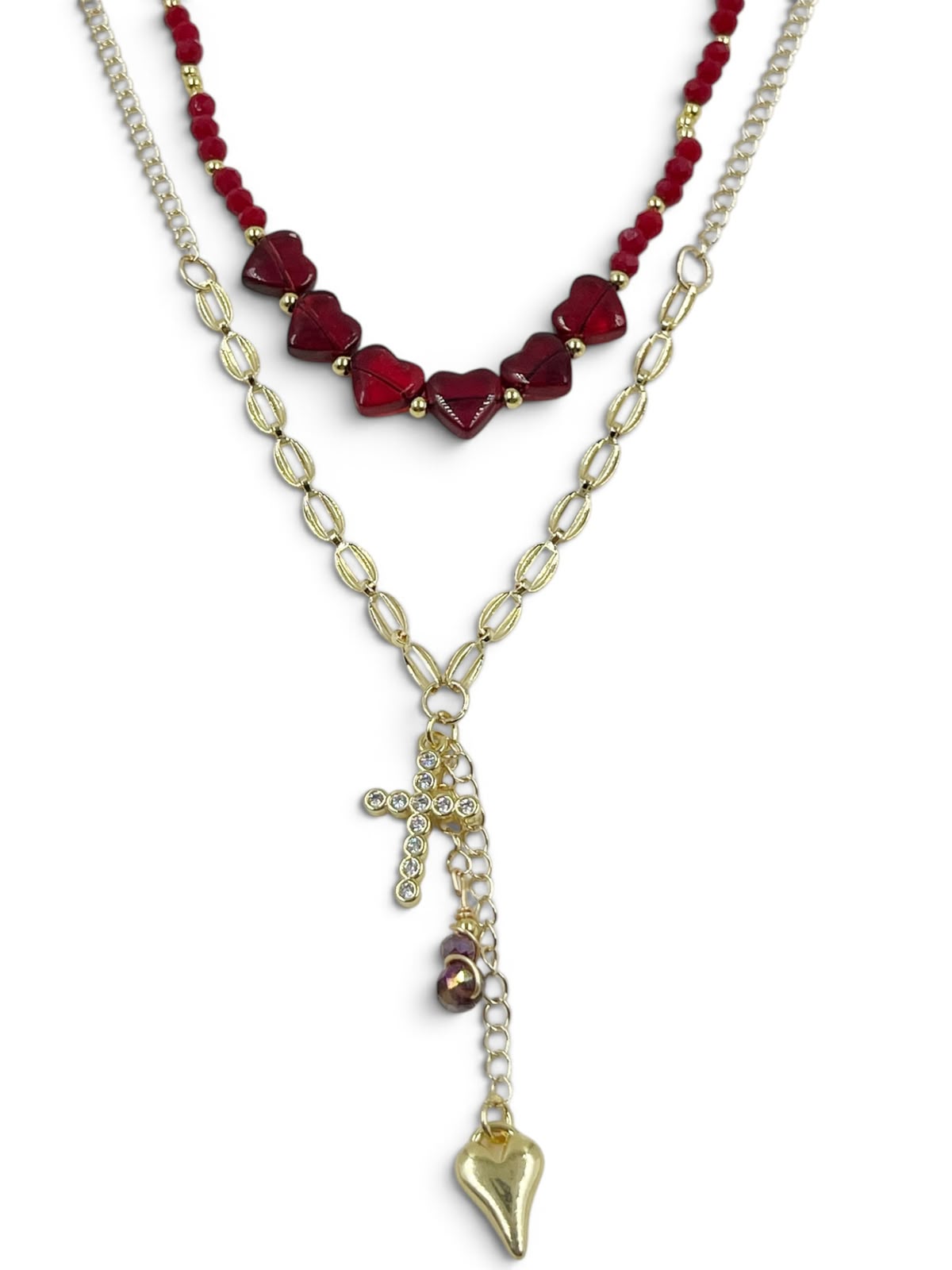 Collar Cruz de Amor Sagrado con corazones, cruz y dije decorativo