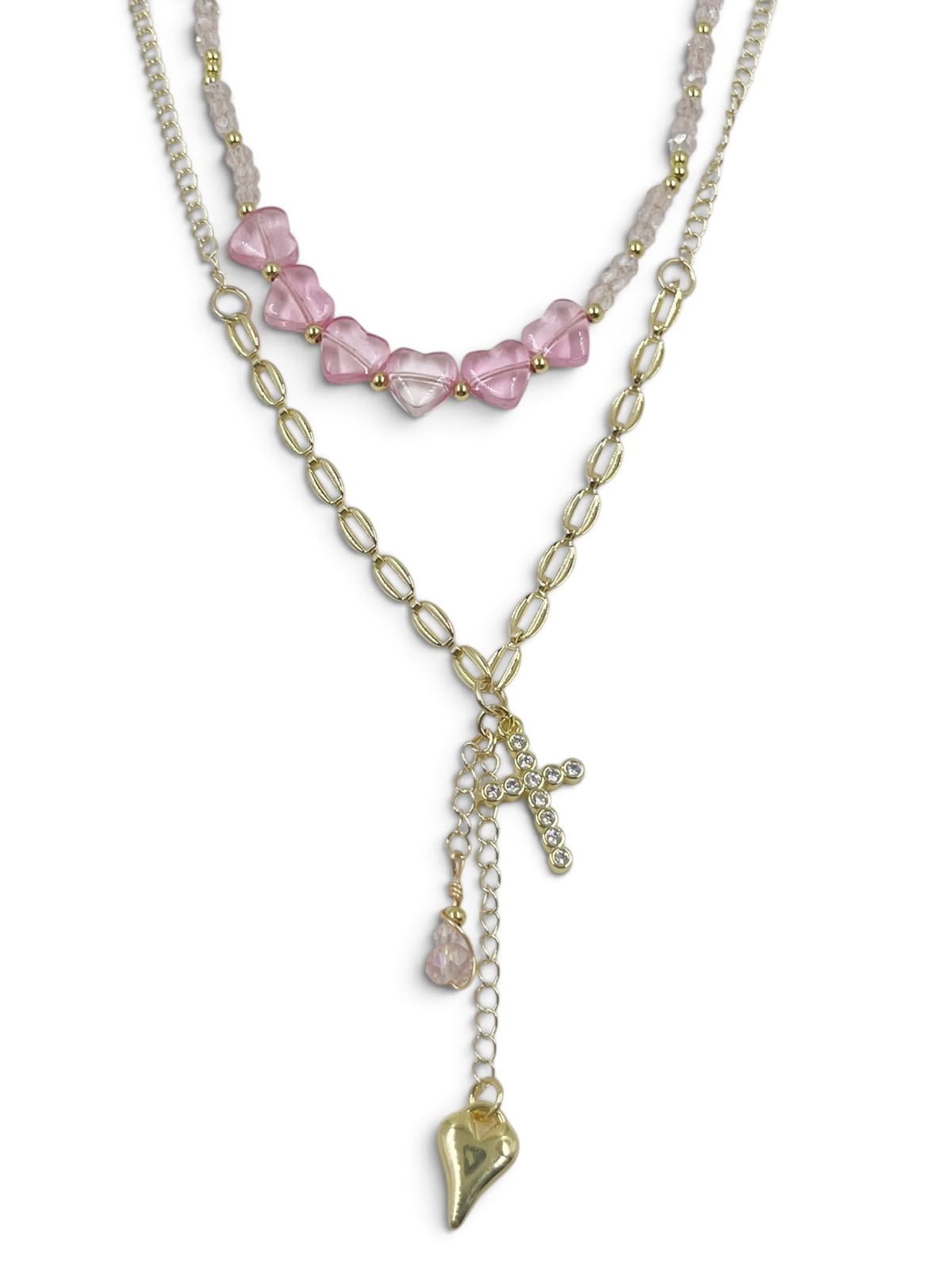 Collar Cruz de Amor Sagrado con corazones, cruz y dije decorativo