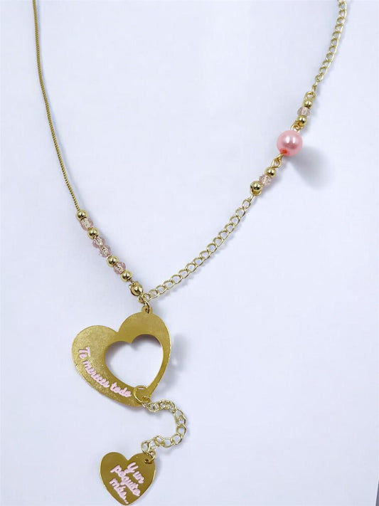 Collar Doblemente Amor con dijes de corazón, cristales decorativos y cadena elegante para mujer.