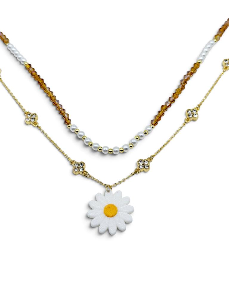 Dúo de collares con margarita, tréboles decorados con cristales y cuentas facetadas