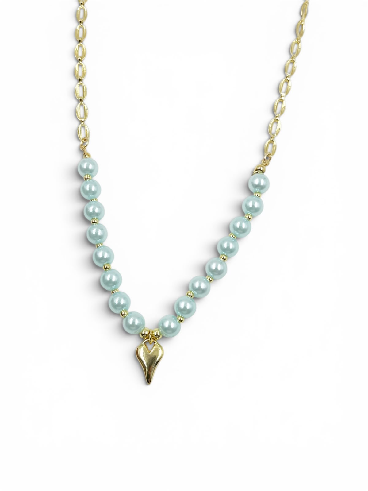 Collar Pearl Infinity Love con pequeñas pepas decorativas, separadores y dije de corazón para mujer.