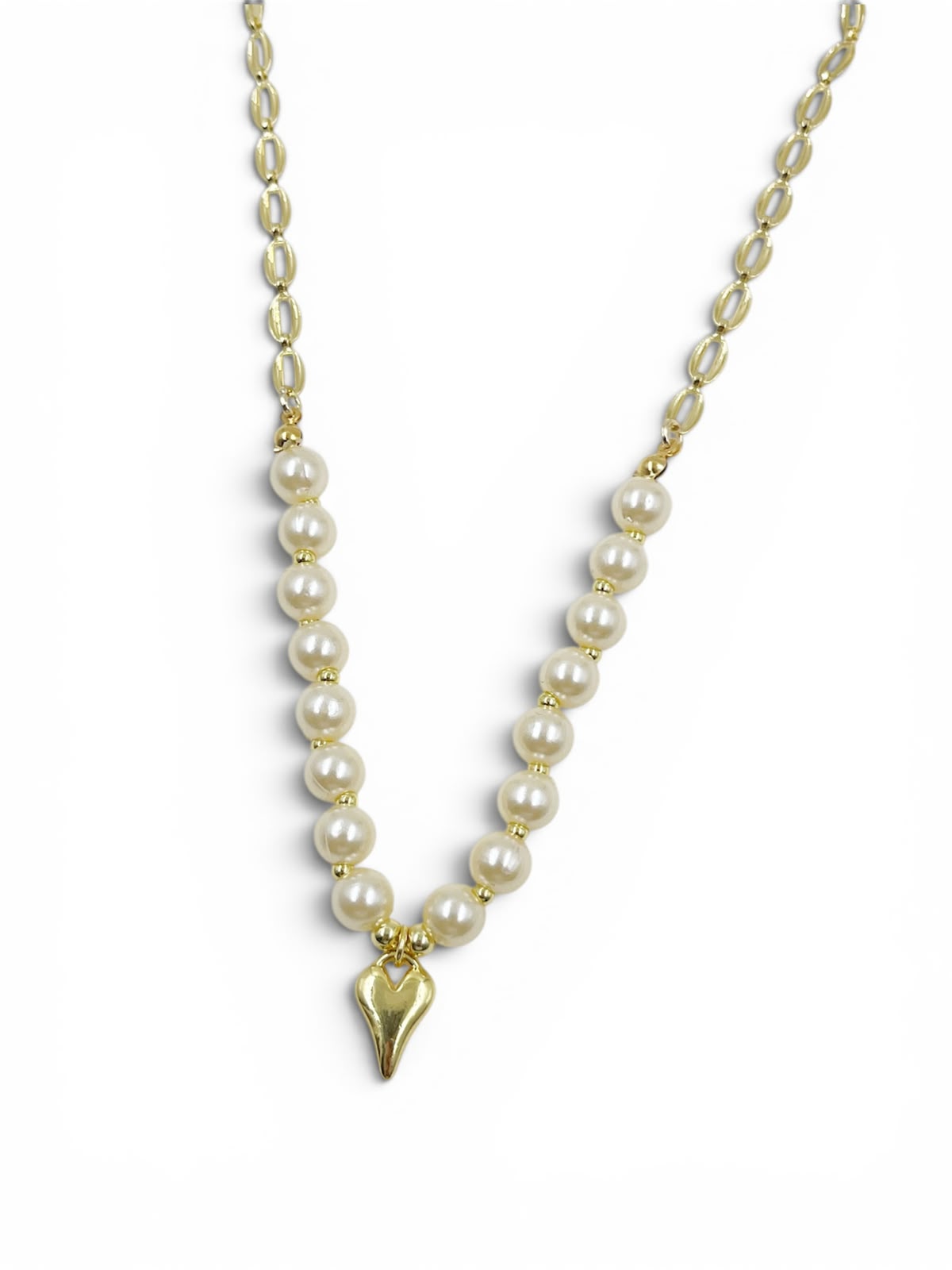 Collar Pearl Infinity Love con pequeñas pepas decorativas, separadores y dije de corazón para mujer.