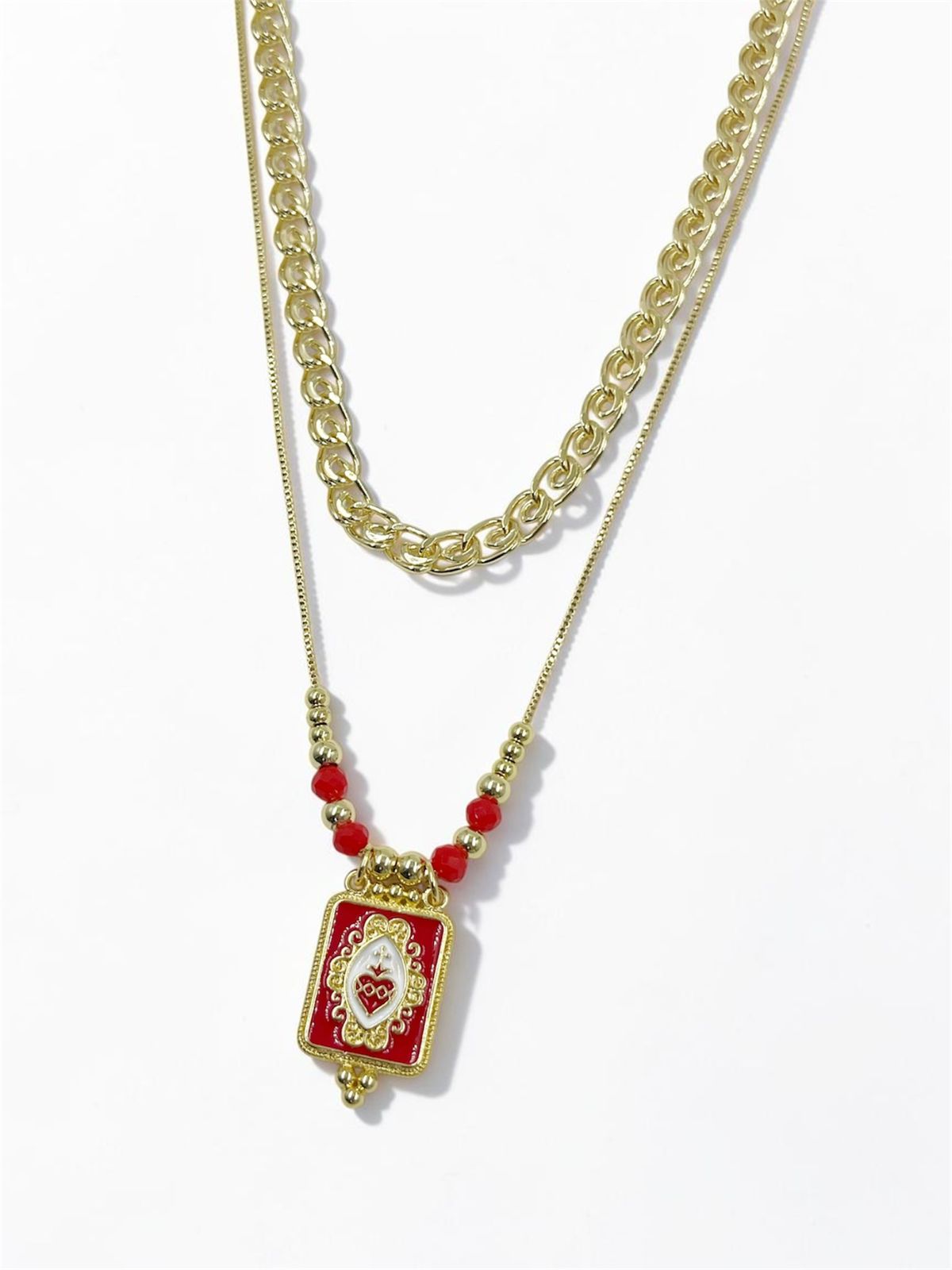 Collar Doble Sagrado Corazón con diseño de dos niveles y dije central decorativo de estilo clásico para mujer.