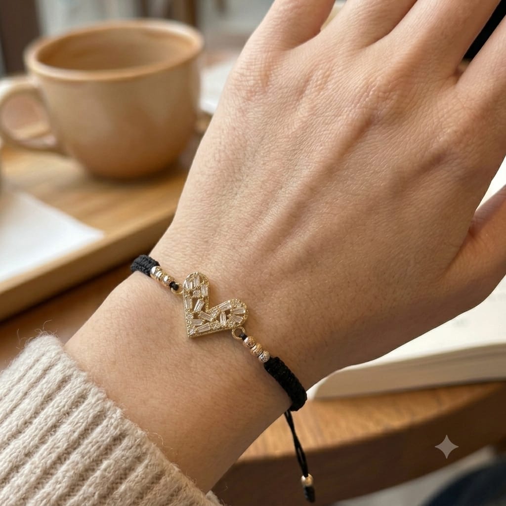 Pulsera artesanal con corazón calado decorado con detalles brillantes y diseño elegante.