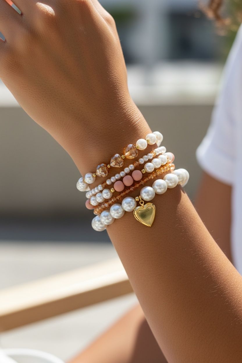 Pulsera femenina con cuentas decorativas de diferentes tamaños y dije de corazón sobre la muñeca.