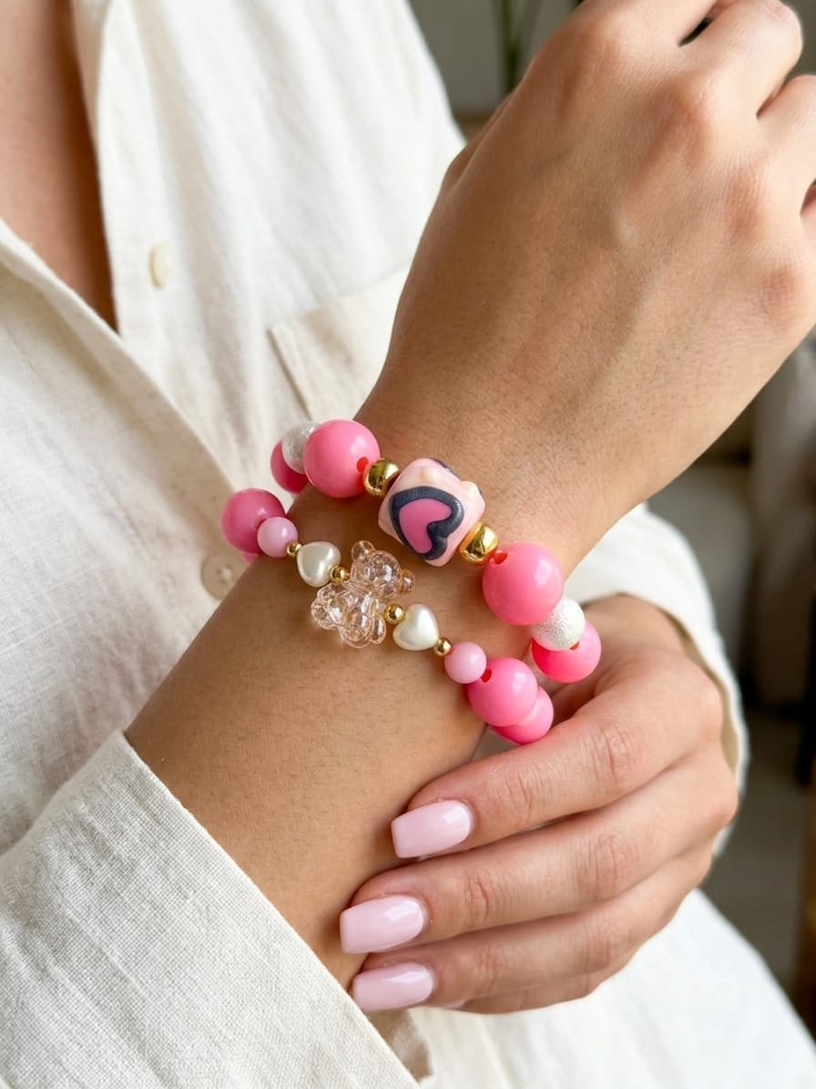 Pulsera de cuentas con corazones, perlas y detalles decorativos.